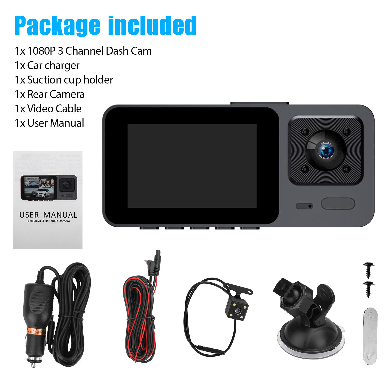 1080P 3 Lens Car DVR Dash Cam Front/Rear/Inside Video Recorder Camera G-sensor