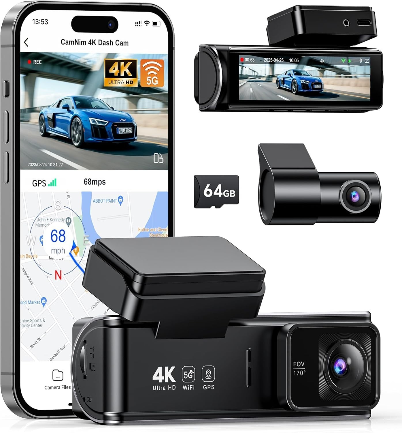 4K Dash Cam Front Rear:Dual Dash Camera for Car, 5GHz/2.4GHz Wi-Fi GPS Dashcam