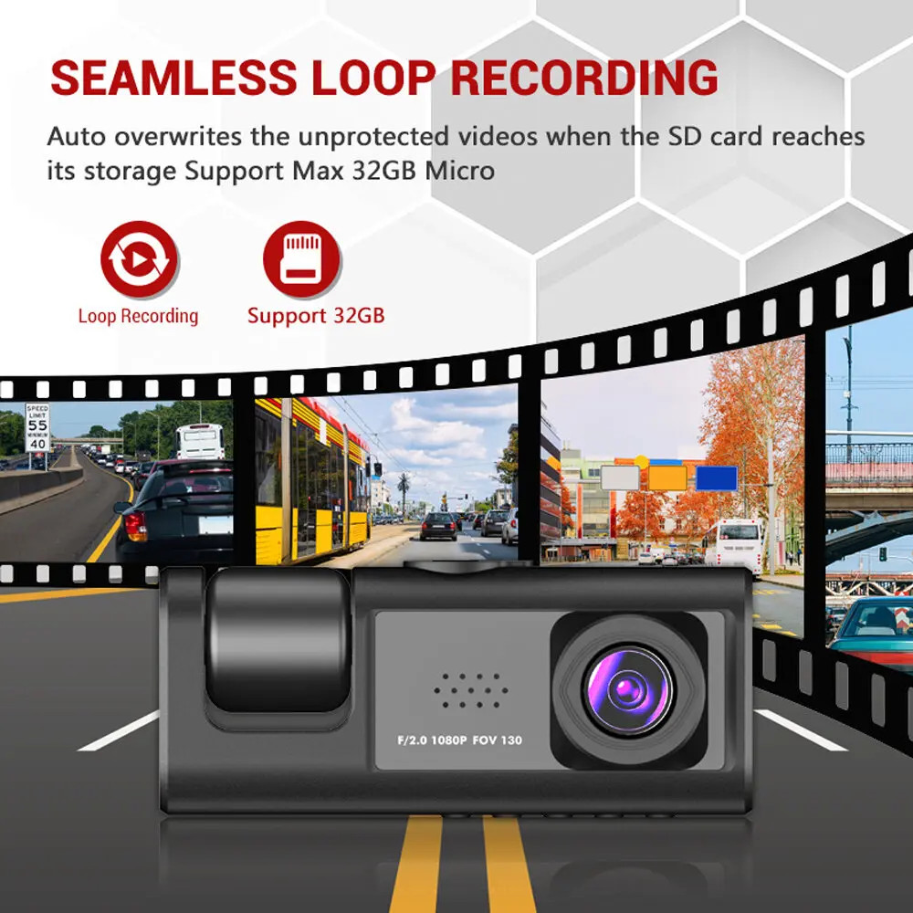 Baideluo 3 Lens Dash Cam 1080P Front Rear Inside IR Night Vision 2″ IPS