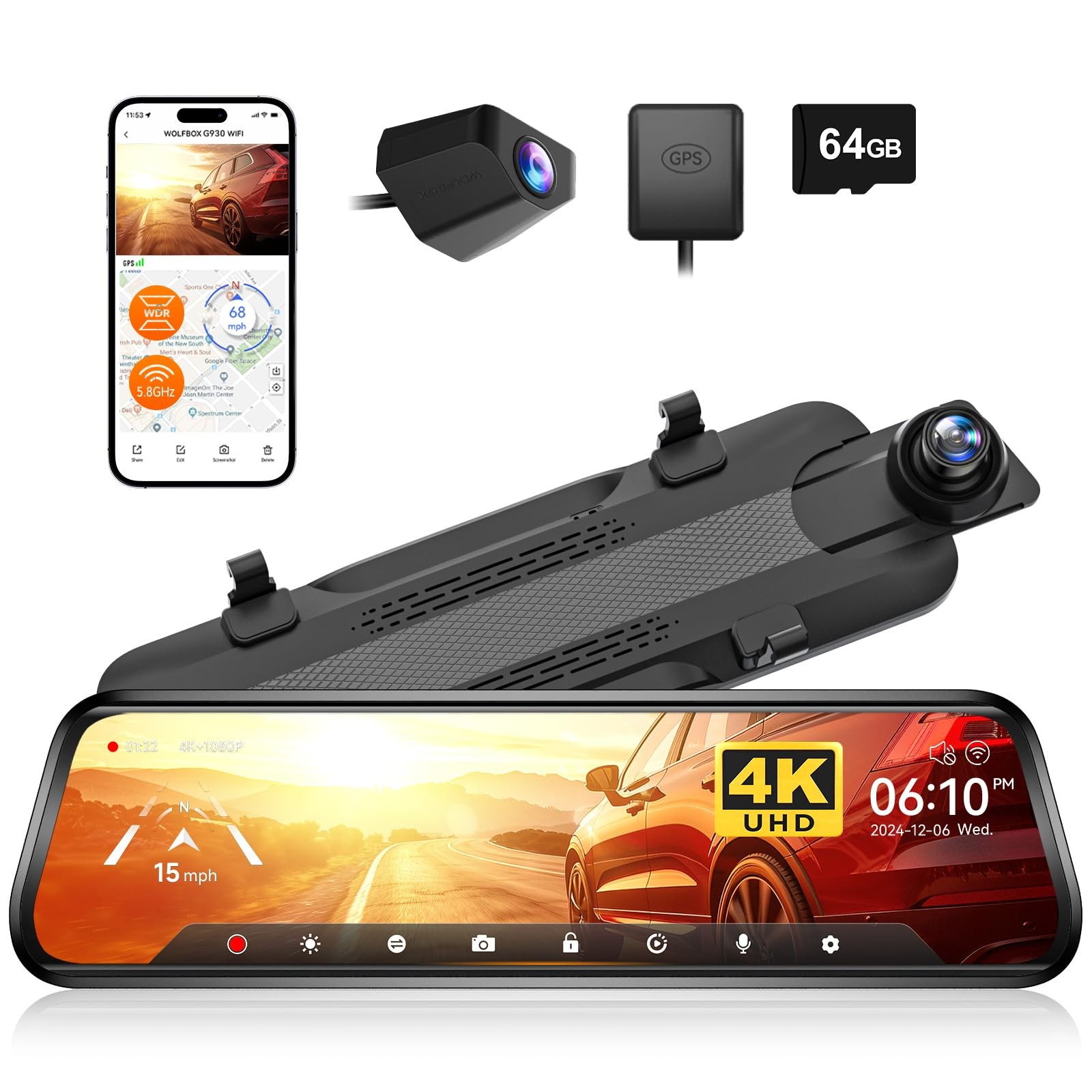 WOLFBOX G930 10” Rear View Mirror Camera with 5.8GHz WiFi, 4K Dash Cam Front…