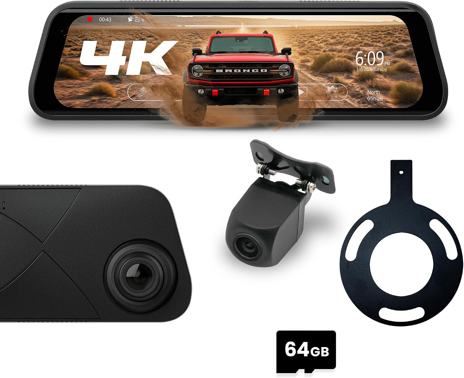 Ford Bronco (2020+) 9.66” 4K UHD Touchscreen Digital Rear View Mirror Monitor &