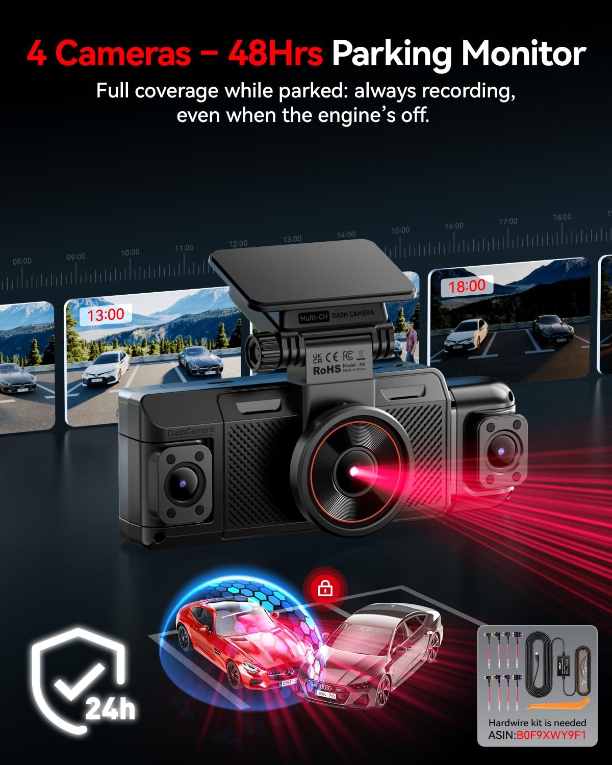 N6 360° Dash Cam 4 Channel, 5.8G WiFi-6 (up to 20MB/s) with App, Free 128GB C…