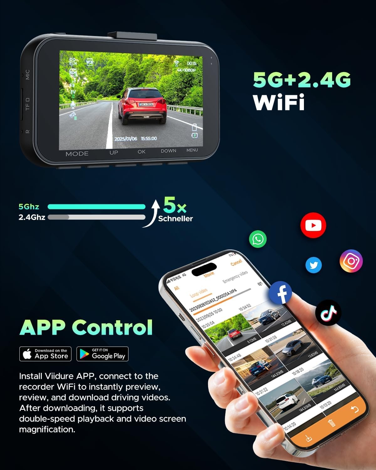 Lamtto WiFi Dual Lens Dash Cam Night Vision 4K 1080P Car Driving Recorder Camera