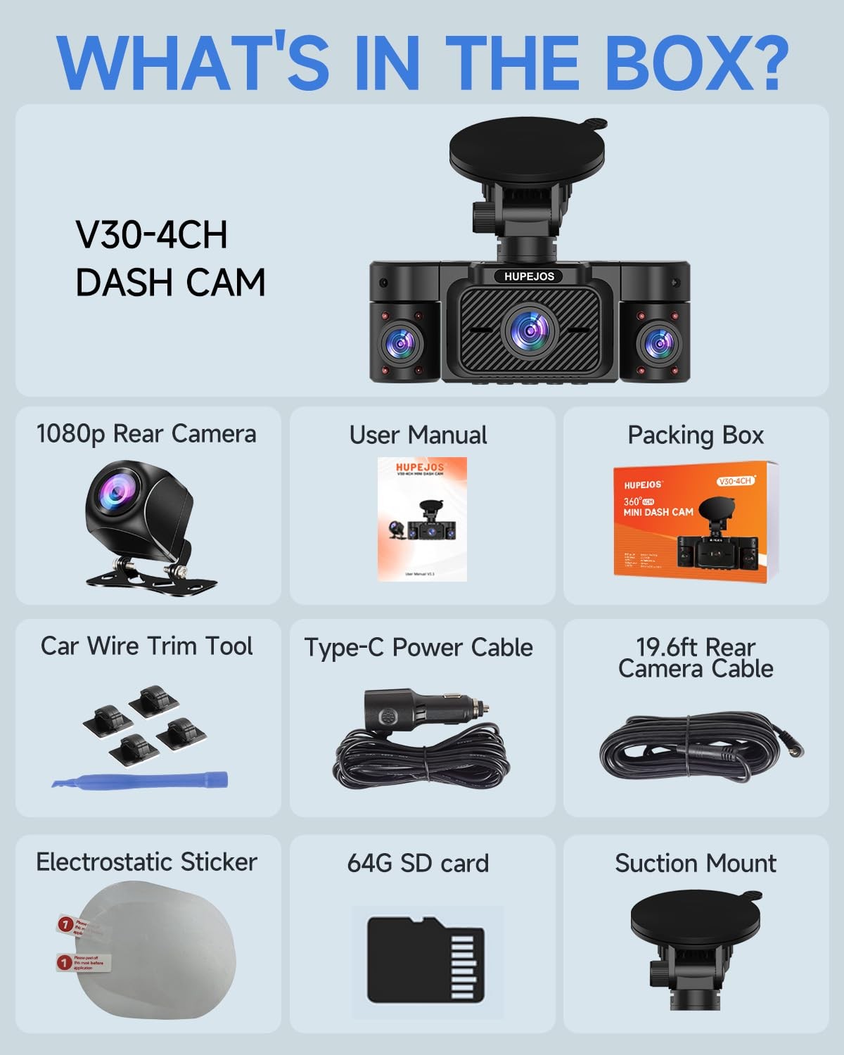 4 Channel Dash Cam Front Rear 360 Degree View 2K FHD WiFi 64GB Card