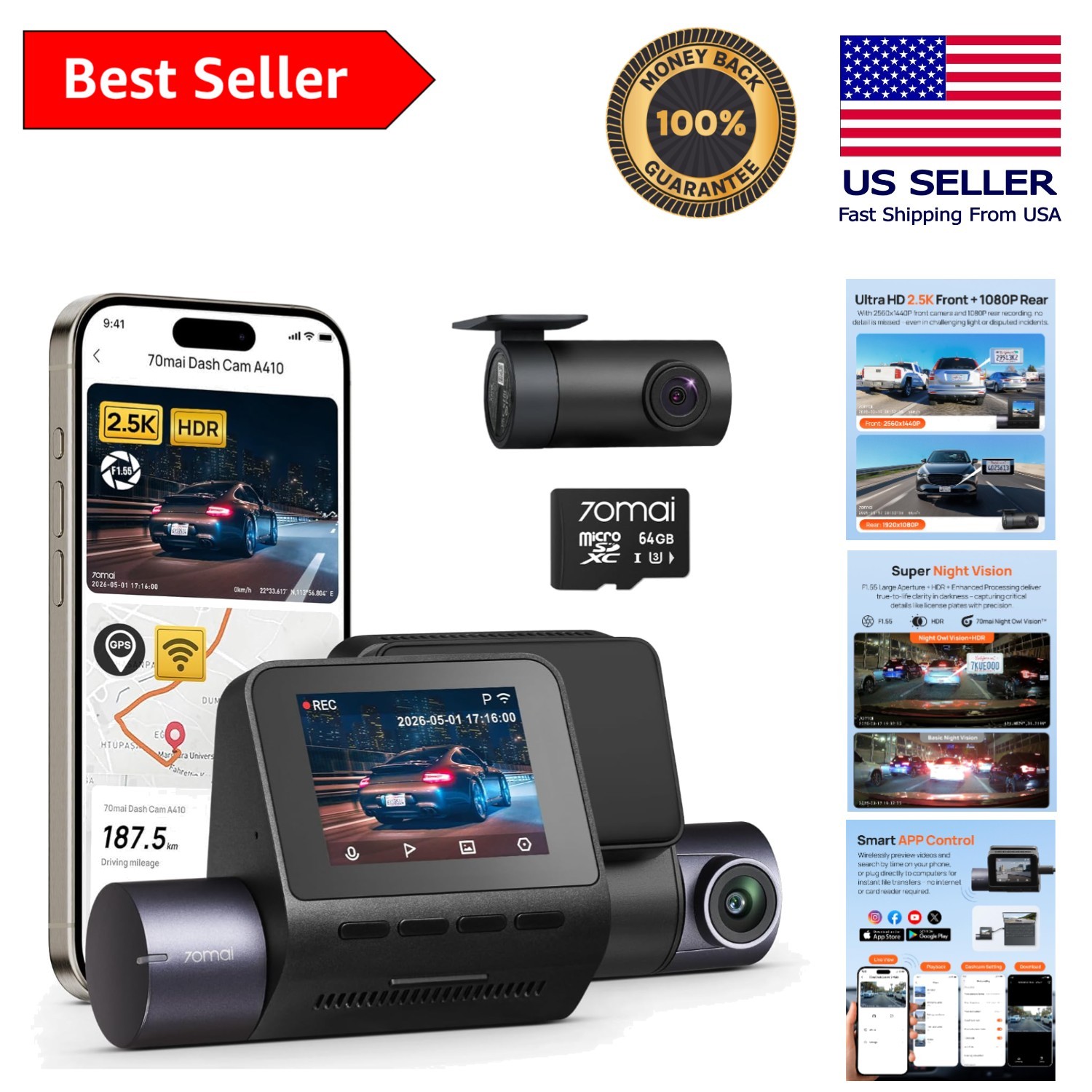 HDR Dual Dash Cam Front & Rear with Loop Recording – Superior Night Vision