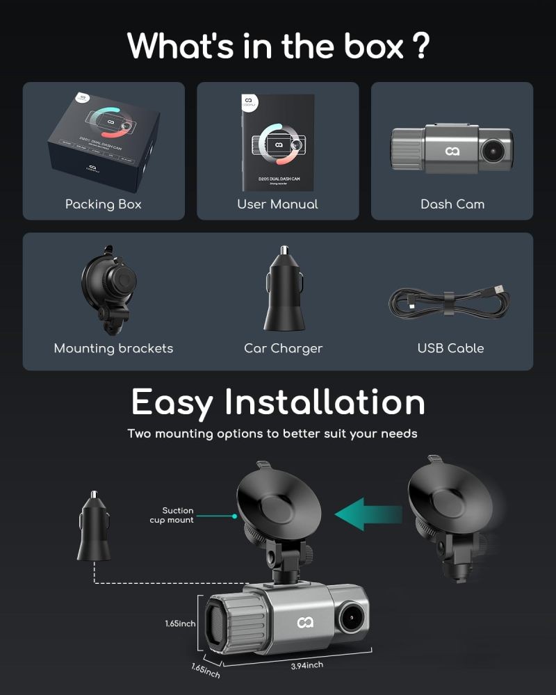 COOAU 4K Dual Dash Cam, Built-in GPS Wi-Fi, 2.5K+1080P Dash Cam Front and Inside