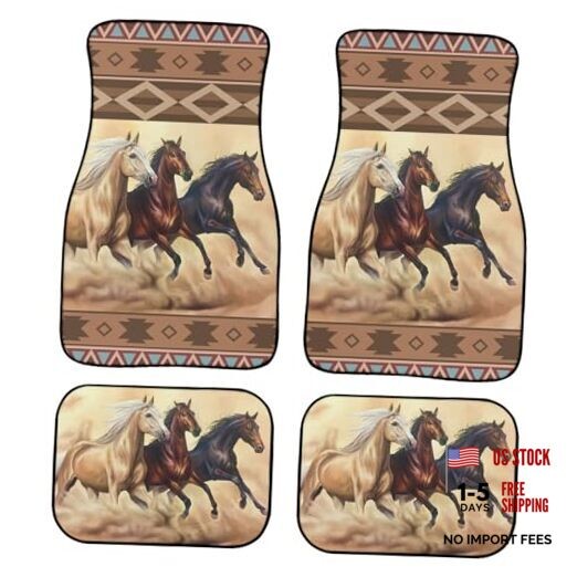 Horse Pattern Car Floor Mats Aztec Ethnic Style Three Horses Run in Brown