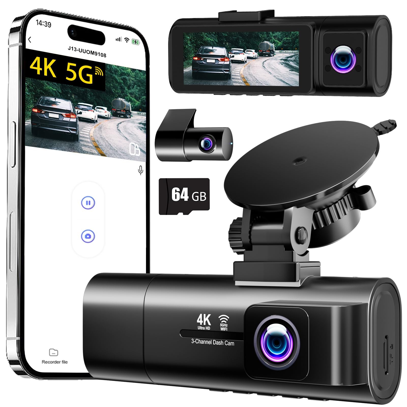 4K Dash Cam Front Rear Inside 3 Channel 5G WiFi 64GB