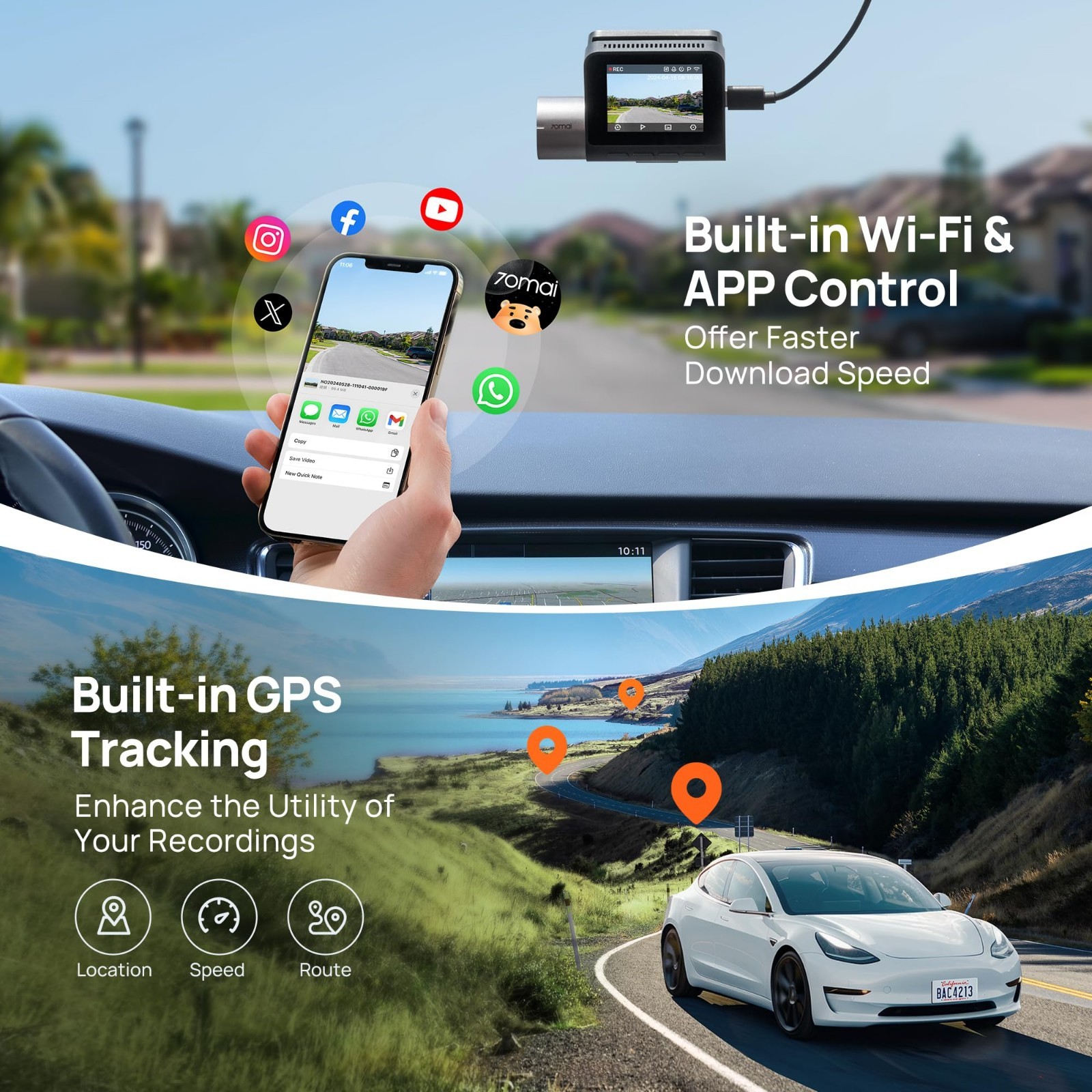 High-Resolution Dual Dash Cam 1944P+1080P, GPS, WiFi, 64GB Card, ADAS, HDR, 24H