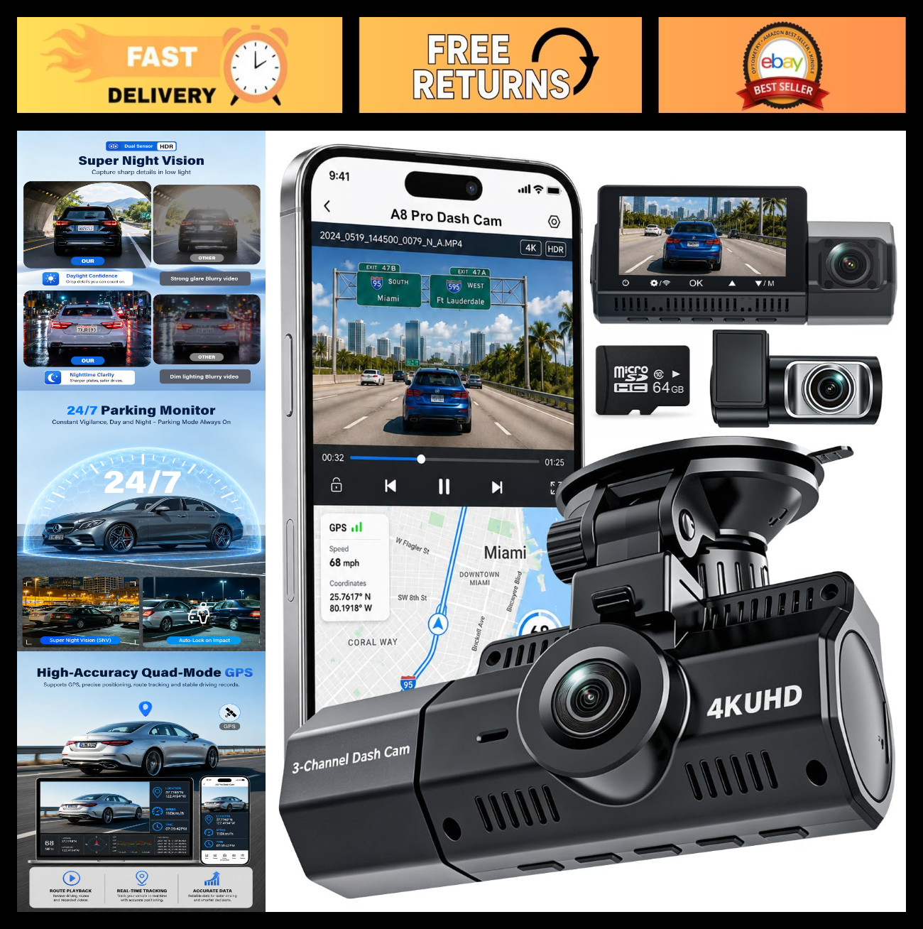 3-Channel 4K Dash Cam with WiFi & GPS for Rideshare | HDR, G-Sensor, 64GB Card,