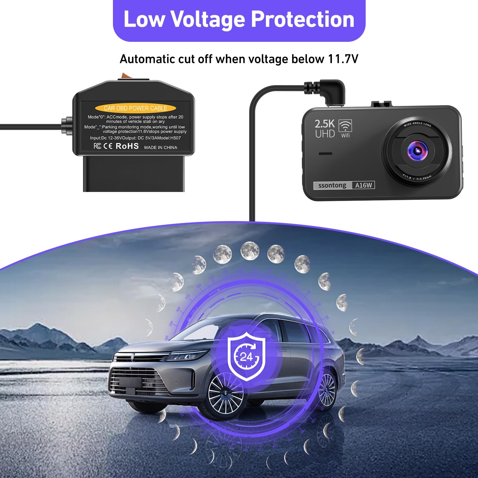 OBD2 OBD Power Cable for Dash Camera, OBD to Type-C USB OBDII Adapter Hardwir…