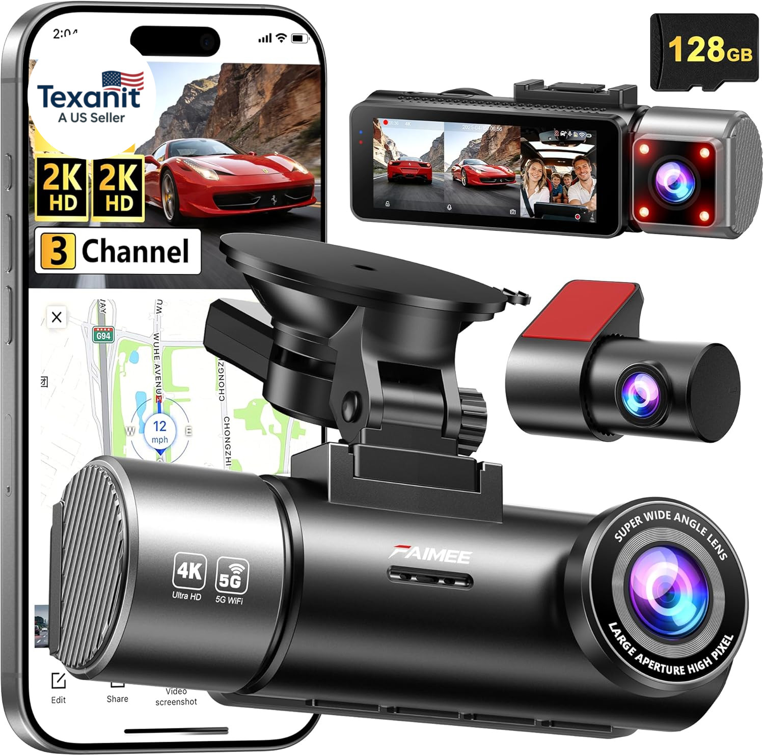 4K+2K+2K 3 Channel Dash Cam Front and Rear, 128GB Card Included, Dash Camera for