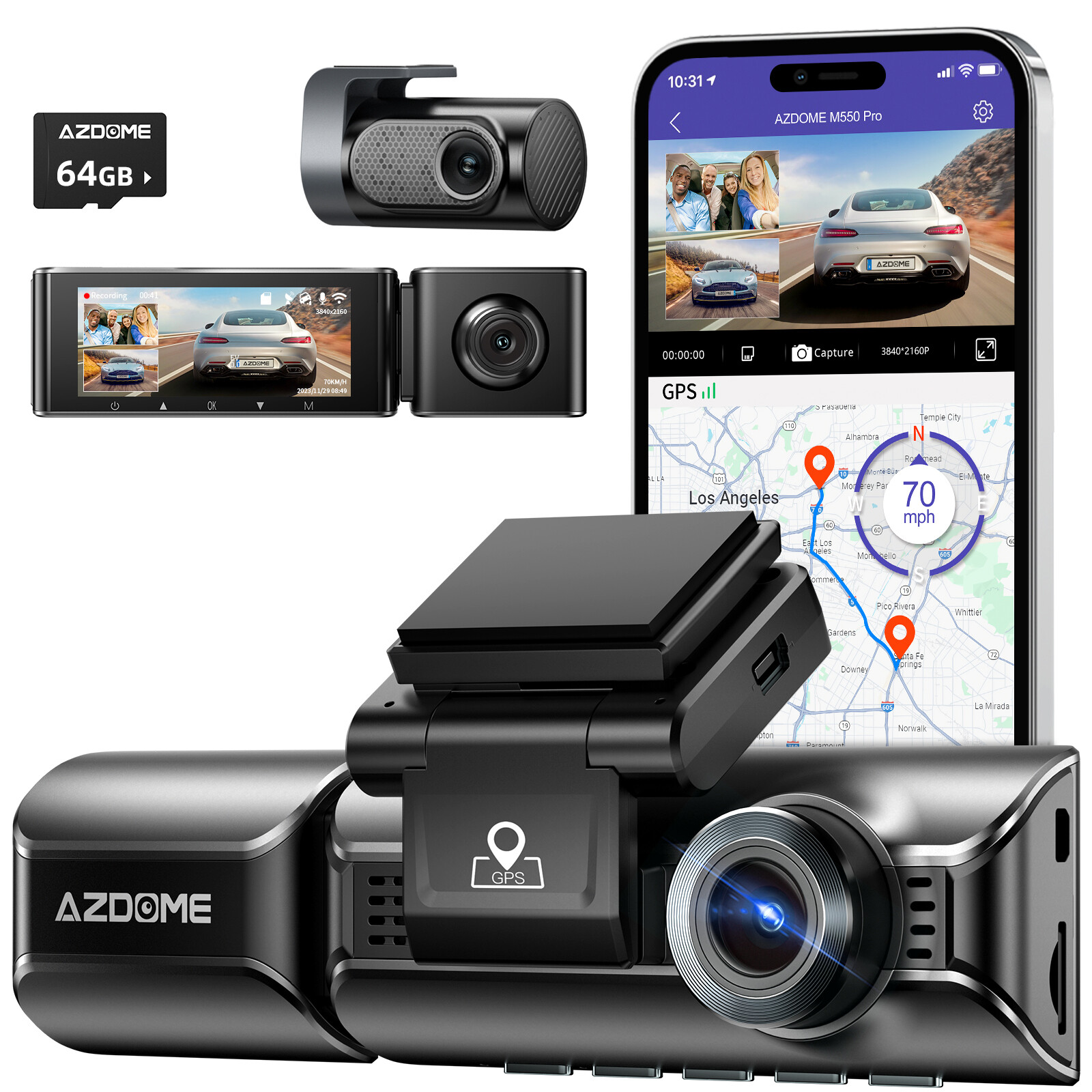 AZDOME 3 camera Dash Cam for Car 5GHz WiFi GPS Dual 4K+1080P Parking Mode IPS