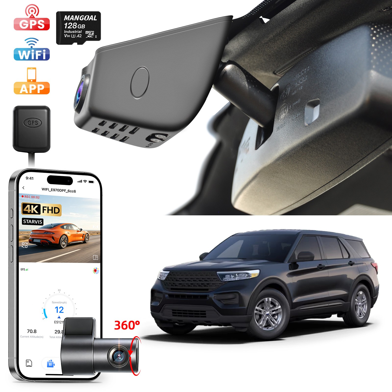 Mangoal 4K + Rear 1080P OEM Dash Cam for Ford Explorer U625 2020-2024 128GB Wifi