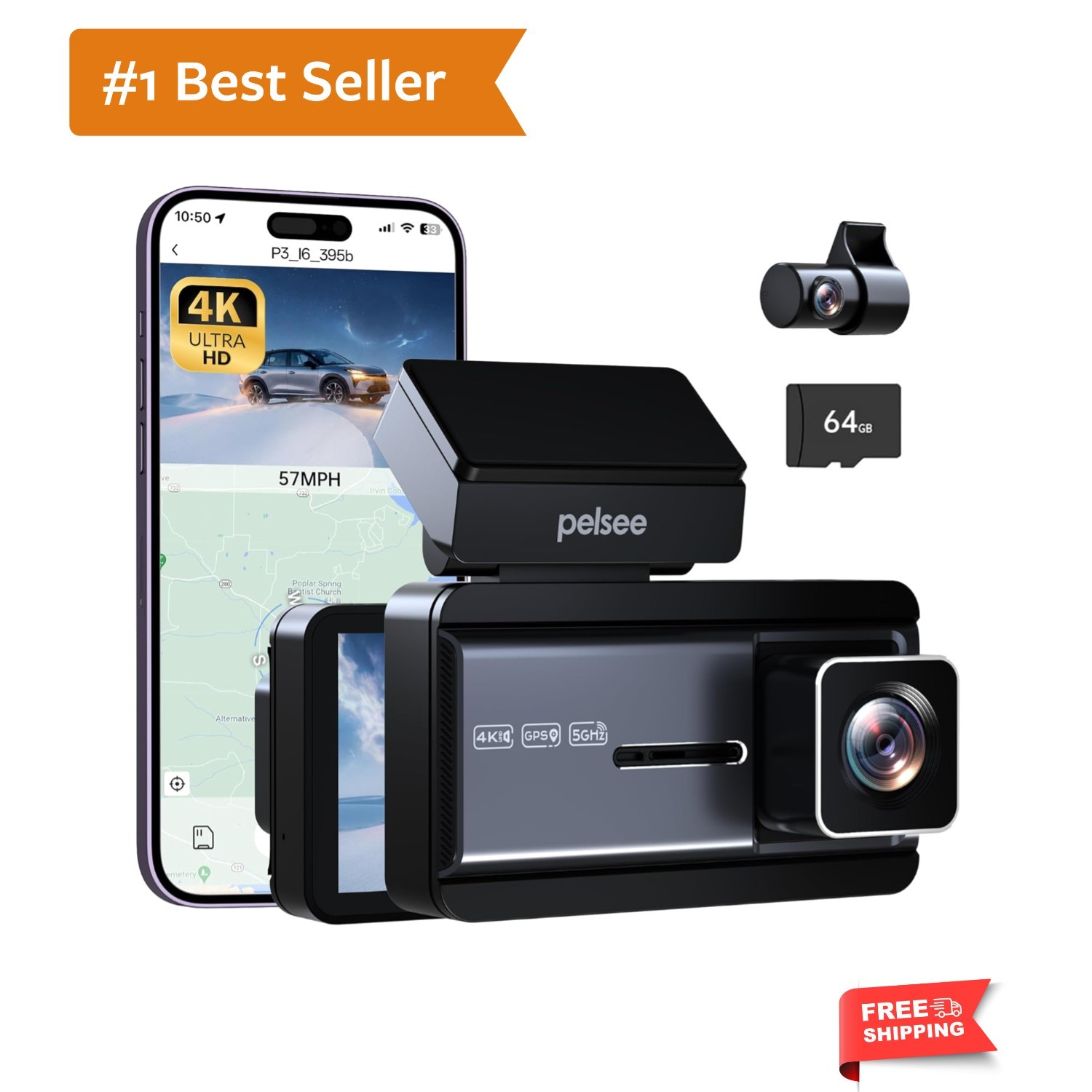 4K Dash Cam Front and Rear, 64GB SD Card, Dual Dash Camera for Cars with Wi-F…