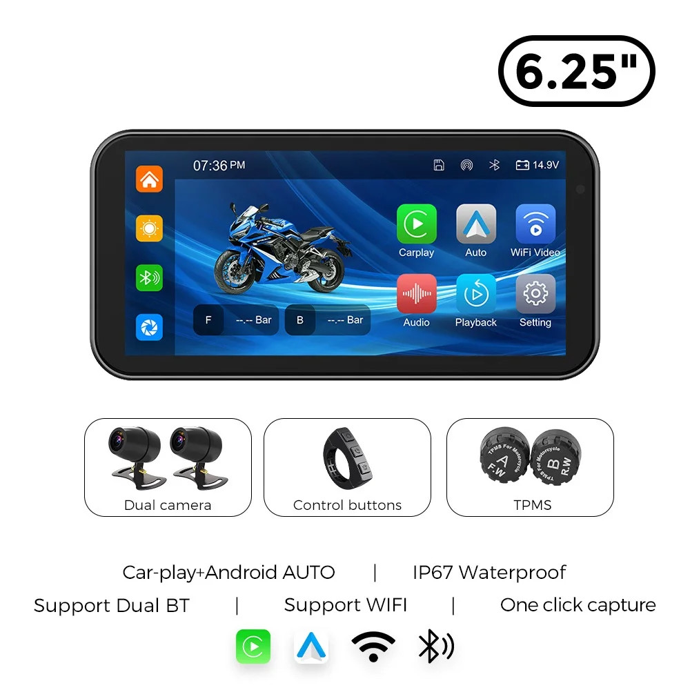 TomoStrong 6.25in Motorcycle GPS Navigation IP67 Wireless CarPlay TPMS DVR
