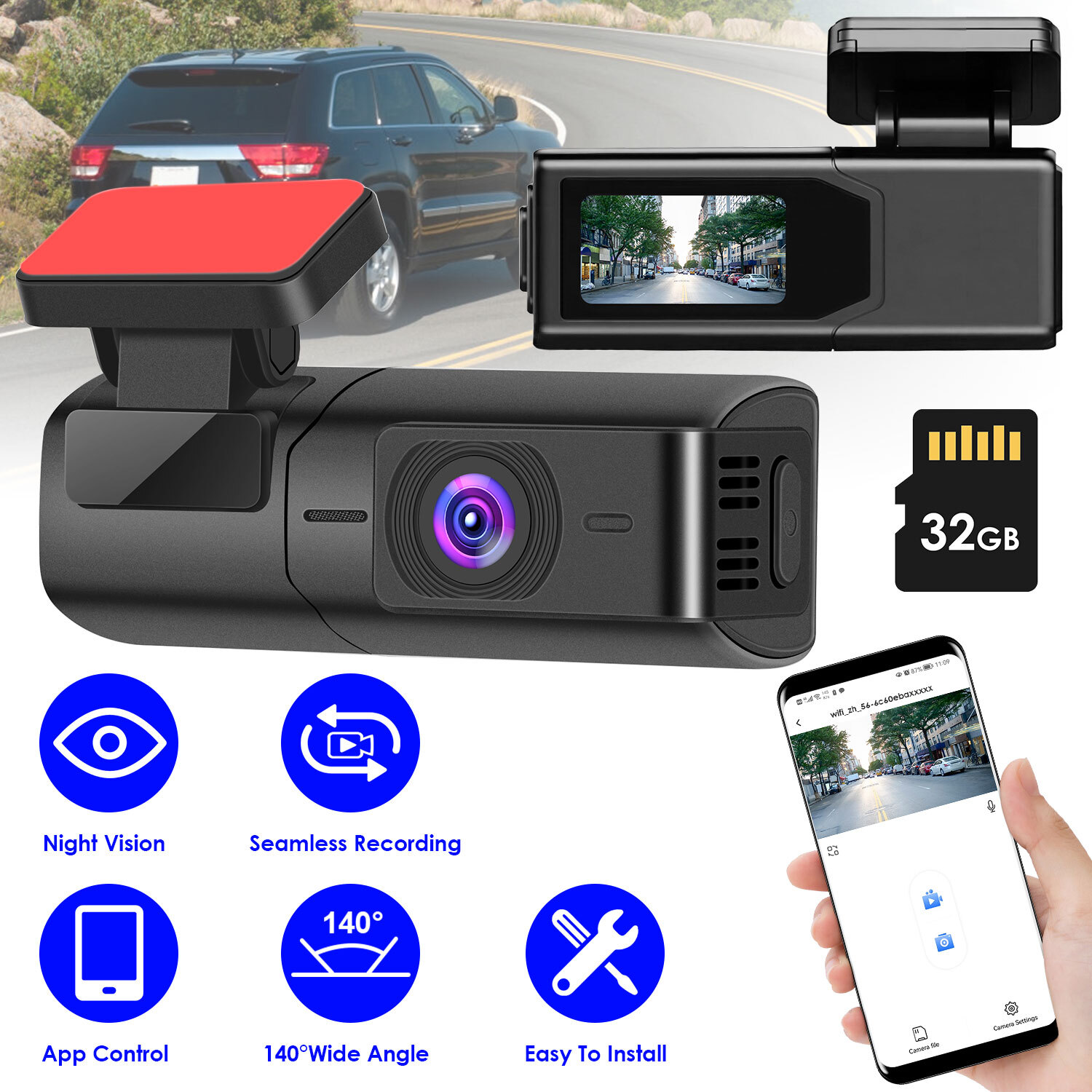 2K Dash Cam WiFi Car Camera with IPS Screen 32G Night Vision 1296P & 1080P App