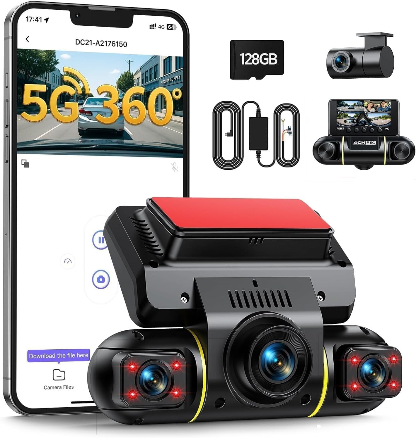4 Channel Dash Cam 360° Front Rear Inside 5G WiFi 128GB 24H Parking Night Vision