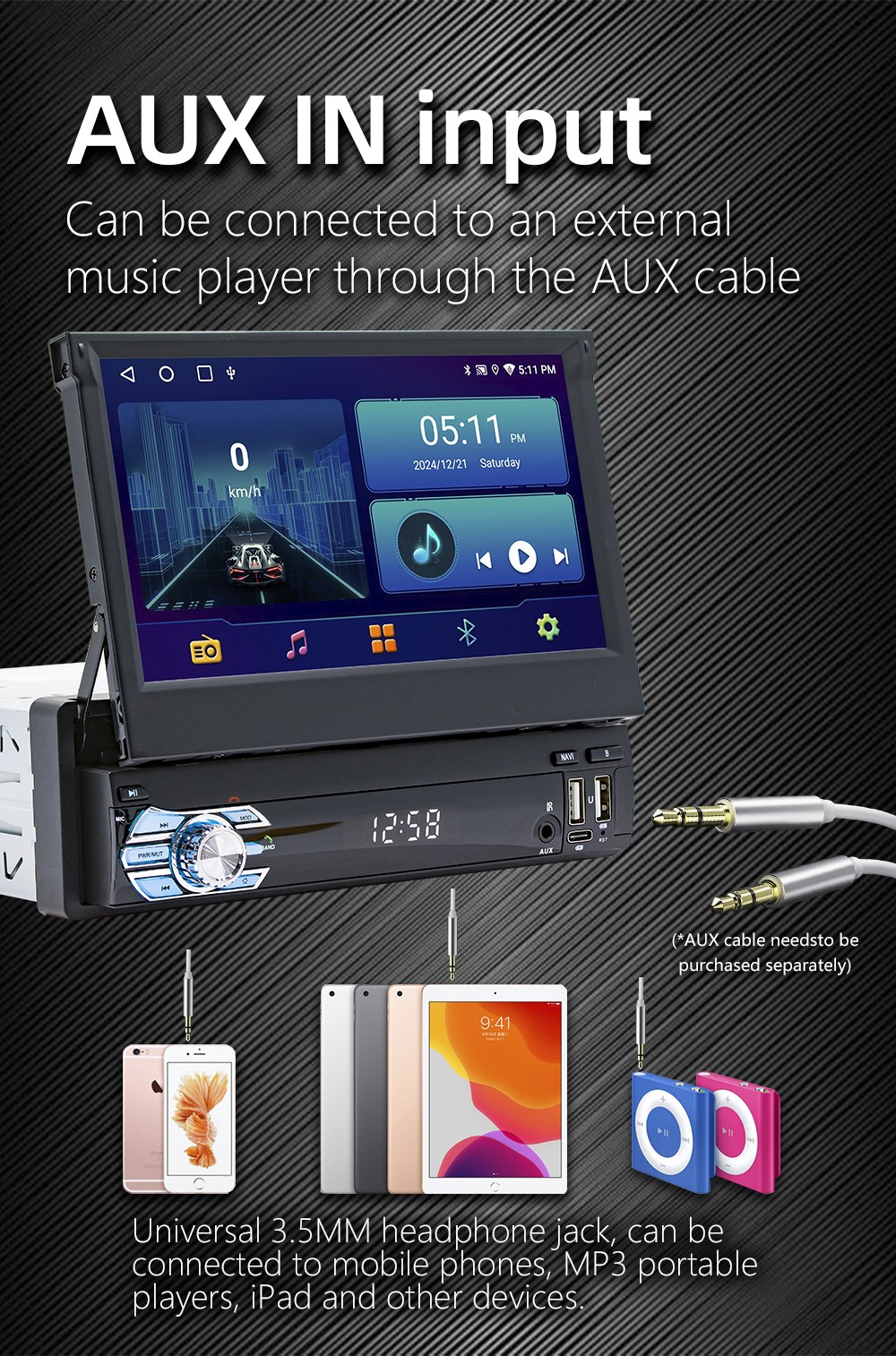 7″ 4+64G Single 1DIN Car Stereo Carplay Touch Screen Flip out Player Bluetooth