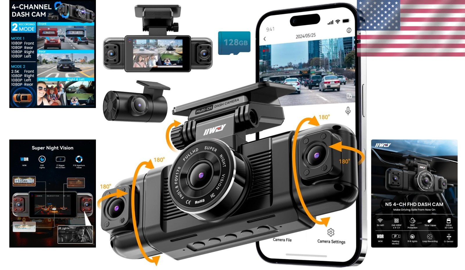N5 4 Channel 360° Dash Cam with 1080P Front & Rear, Night Vision & WiFi Control