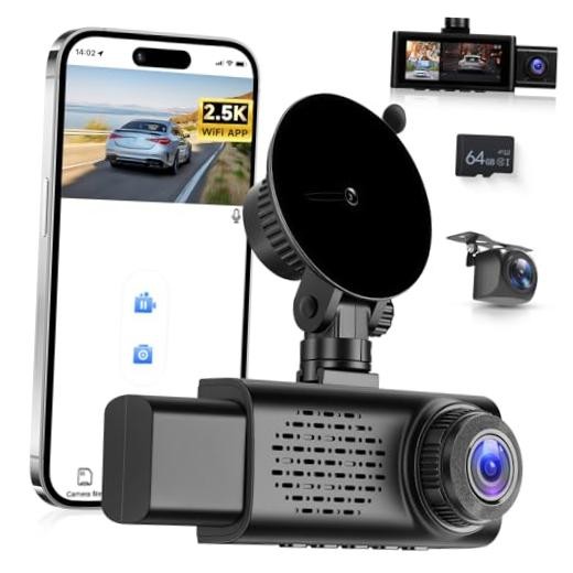 3 Channel 2.5K Dash Cam,2.5K+1080P+1080P 3.16’’ Triple Dash Cam 64GB 3 Cams