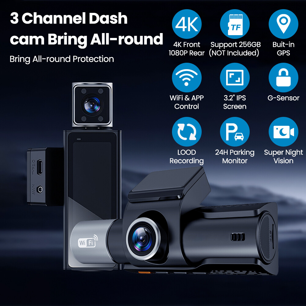 5G WiFi Dash Cam 3 Channel 360° Front Rear Inside DashCam with GPS 24/7 Parking