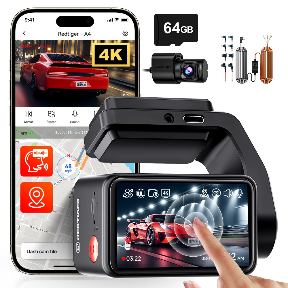 REDTIGTER A4 4K Front & 1080P Rear Dash Cam GPS WiFi 64GB Card ACC Hardwire Kit