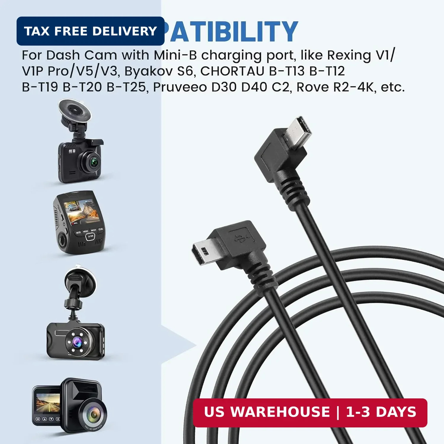 EWAY Mini USB Dash Cam Power Cable 13ft, for Rexing V1 Pro V5 V3 Byakov S6 Rove