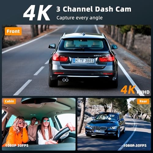 Black – YEECORE Real 4K 3 Channel Dash Cam Front Rear Inside IR Night Vision D53