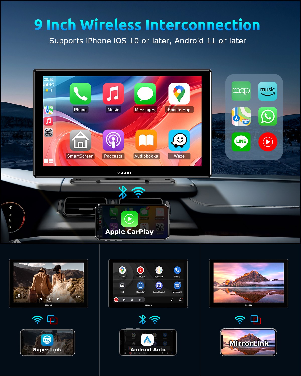 ESSGOO Portable 4K Car Stereo Apple CarPlay Android Auto Touch Screen FM Radio