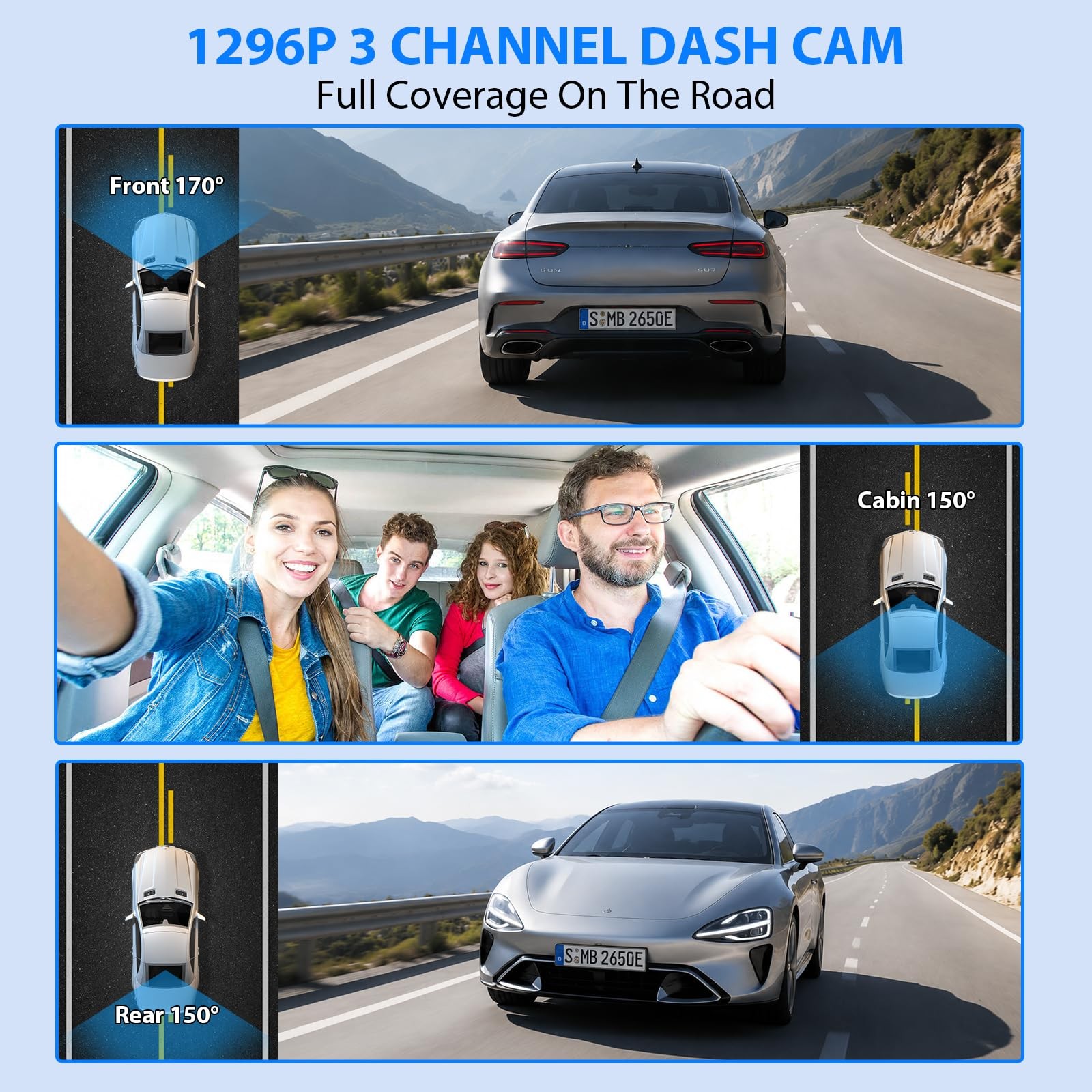 Dash Cam Front and Rear 1296P Dash Camera for Cars 3 Channel Car Camera Front