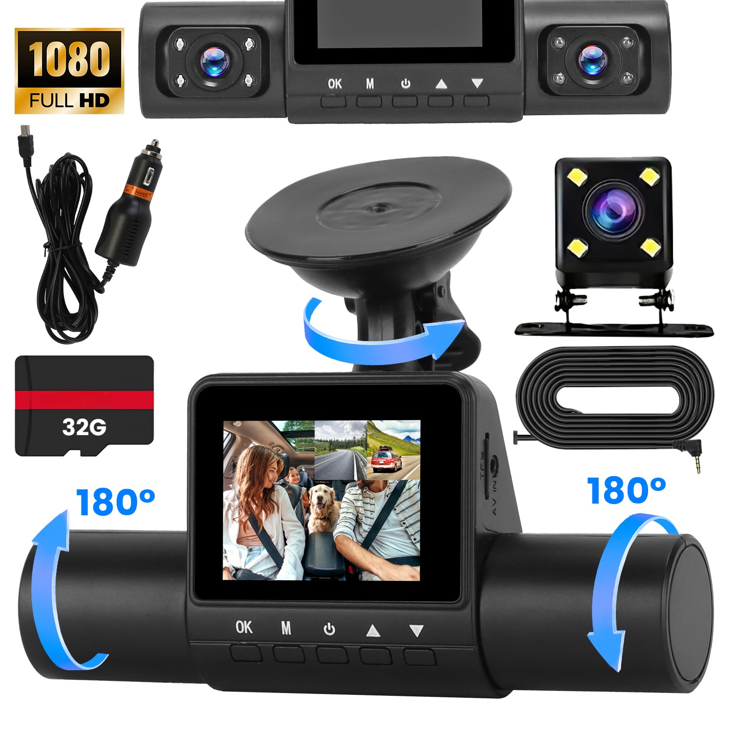 4 Channel Dash Cam 1080P Front Rear 2 Side Inside Dash Camera Motion Detection
