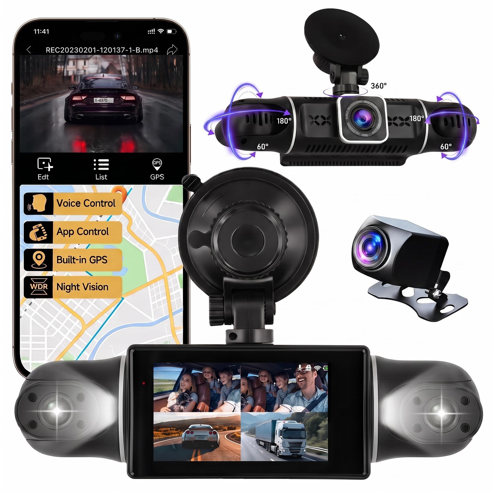 360° Dash Cam for Car, 4 Channel 2K+1080P×3 Front Rear Inside Car Camera