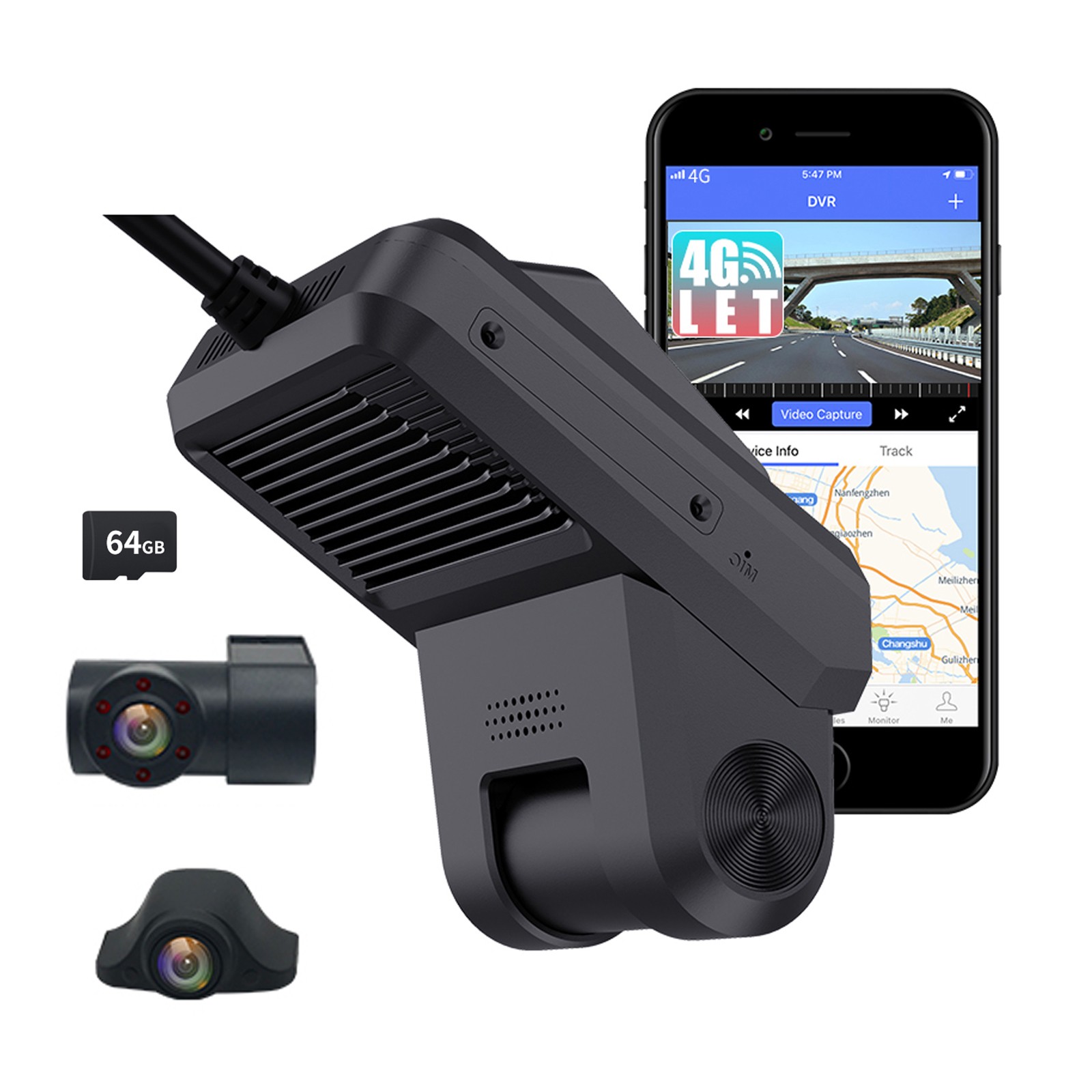 Triple Lens Dash Cam 3 Channel Car Camera 4G LTE Remote Live View Night Vision