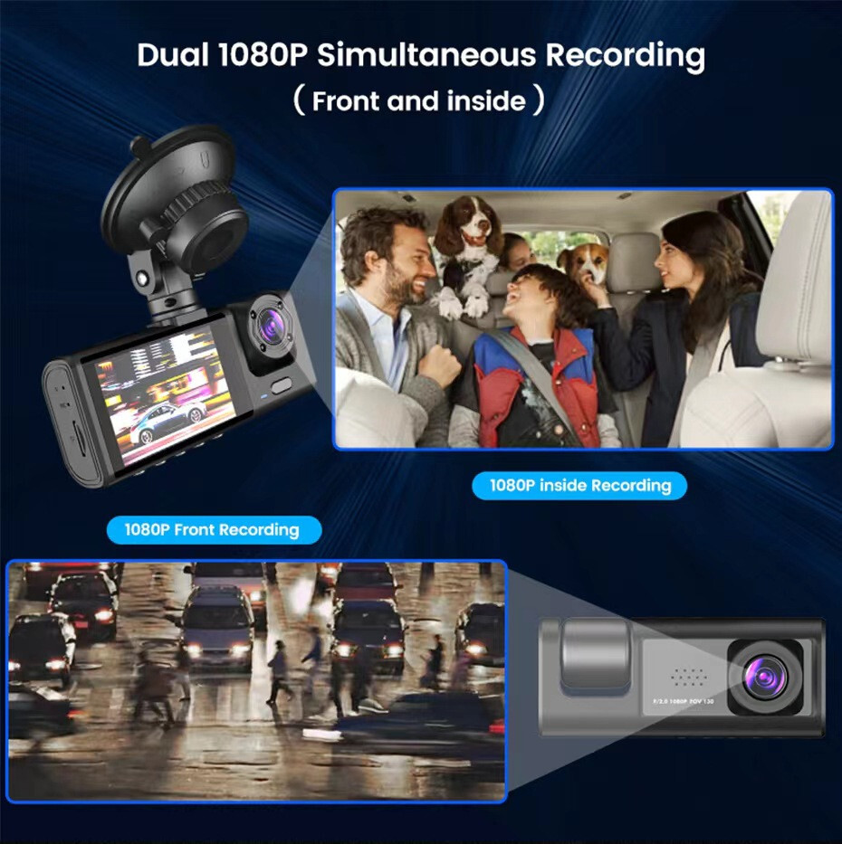 3 Lens Car Dash Cam 1080P Front/Rear/Inside DVR Video Recorder Camera G-Sensor