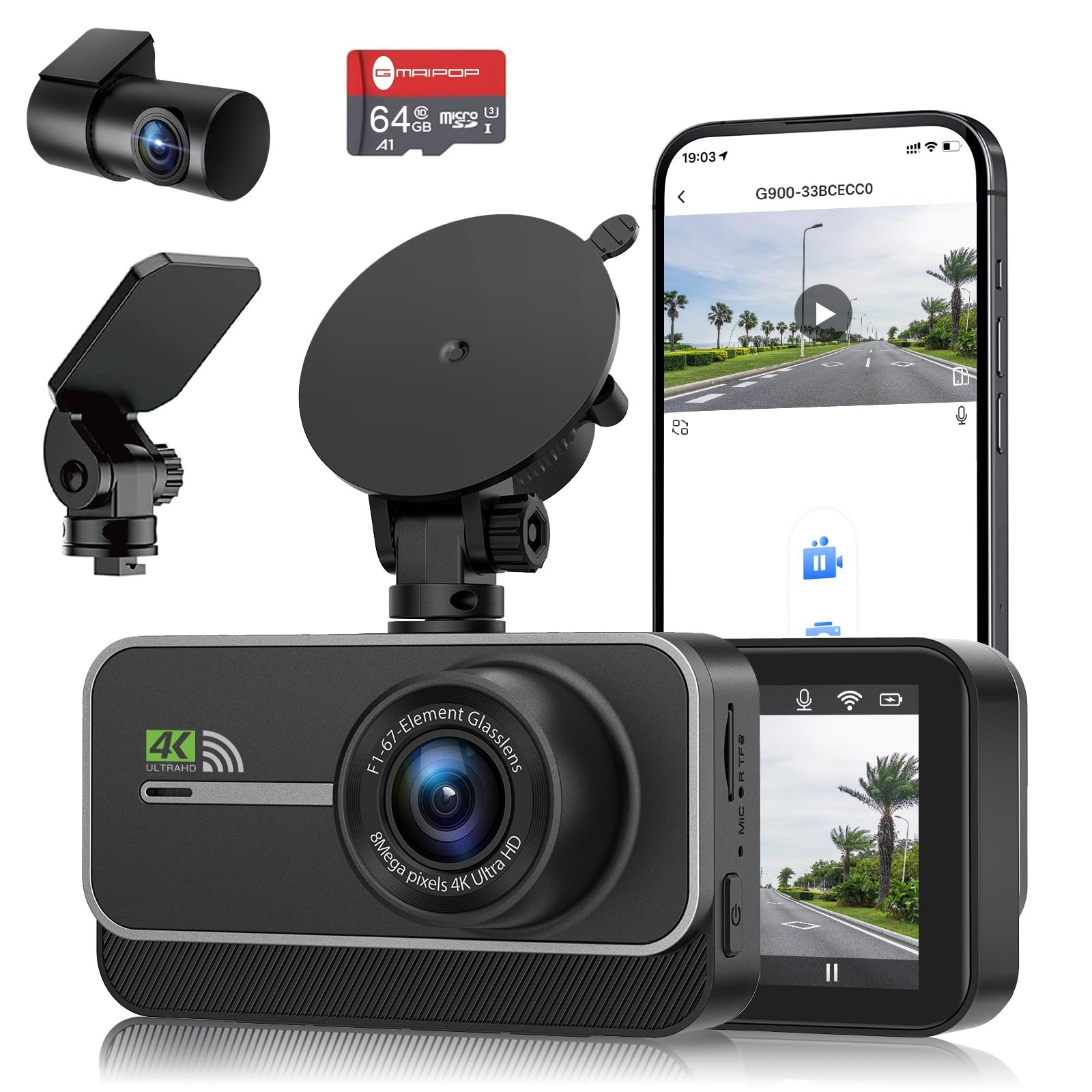 Dash Cam Front and Rear,4K+1080P WiFi Dual Dash Camera for Cars with App, 3″ …