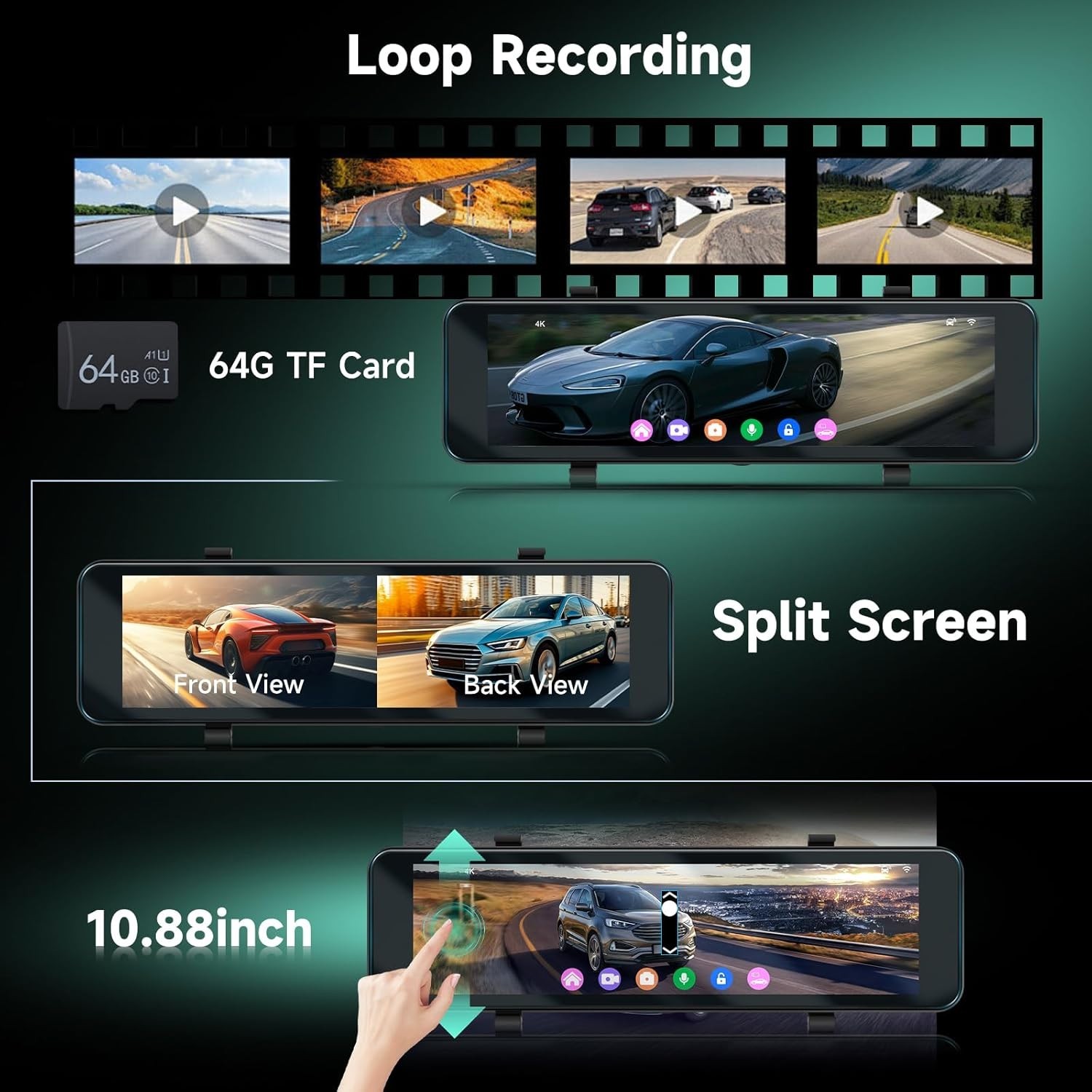 11″ 4K Rear View Mirror Front/Rear Dash-Cam, Wi-Fi/G-Sensor/Night Vision/