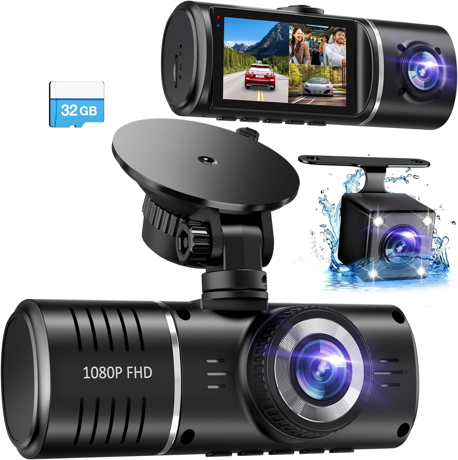3-Channel Dash Cam 1080P Front & Inside, HDR, G-Sensor, 32GB, Parking Mode
