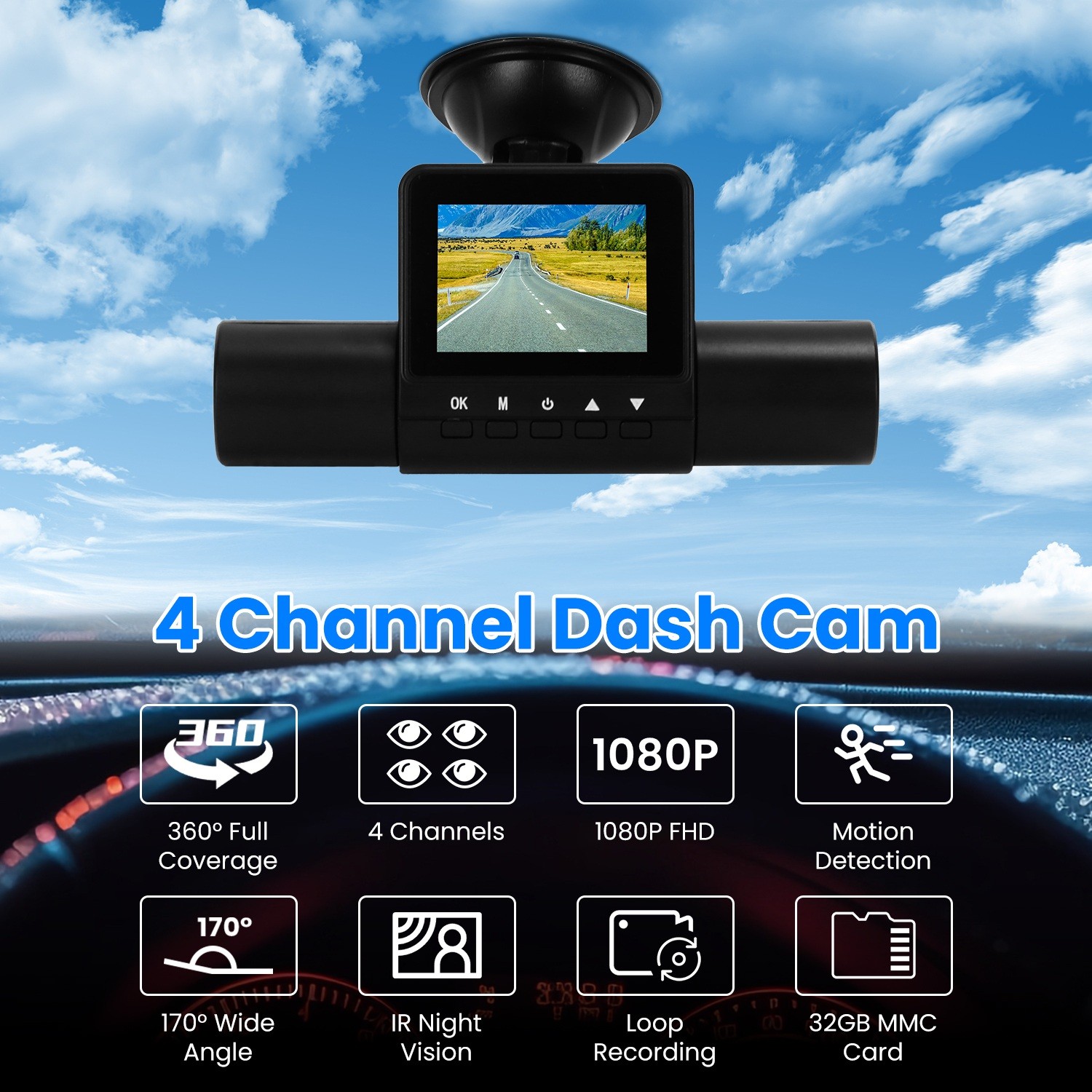 4 Channels Dash Cam Car HD 1080P Front Rear Left Right Dash Camera Night Vision