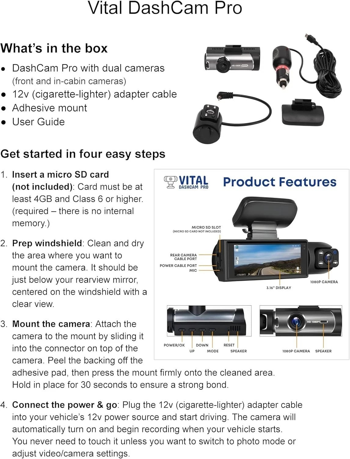 Vital Dash Camera Pro 2026 Dashcam Front and Rear Camera for Cars Dual Car Ca…