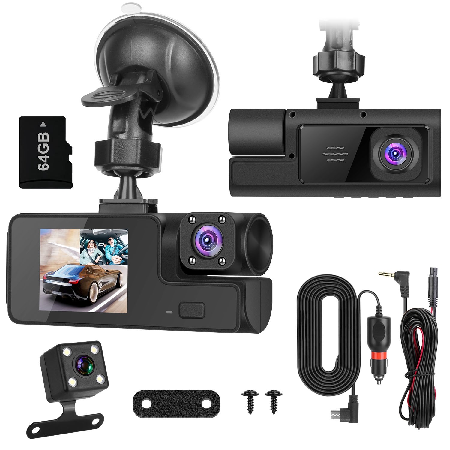 3 Channels 1080P HD Dash Cam WiFi 170° Front Rear Inside Camera & App Control