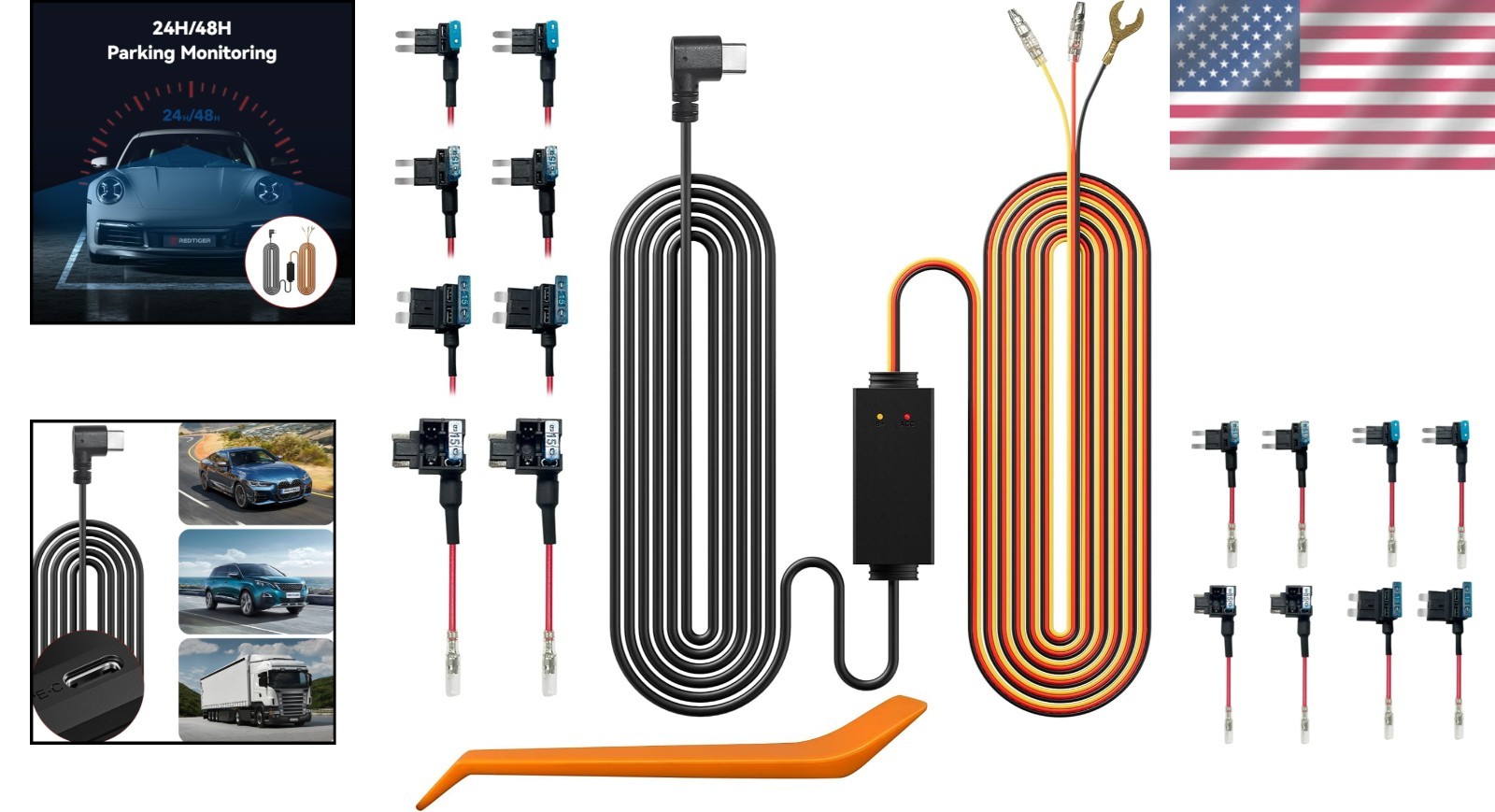 Universal 24H Parking Monitoring Hardwire Kit with Dual Indicator & USB-C Power