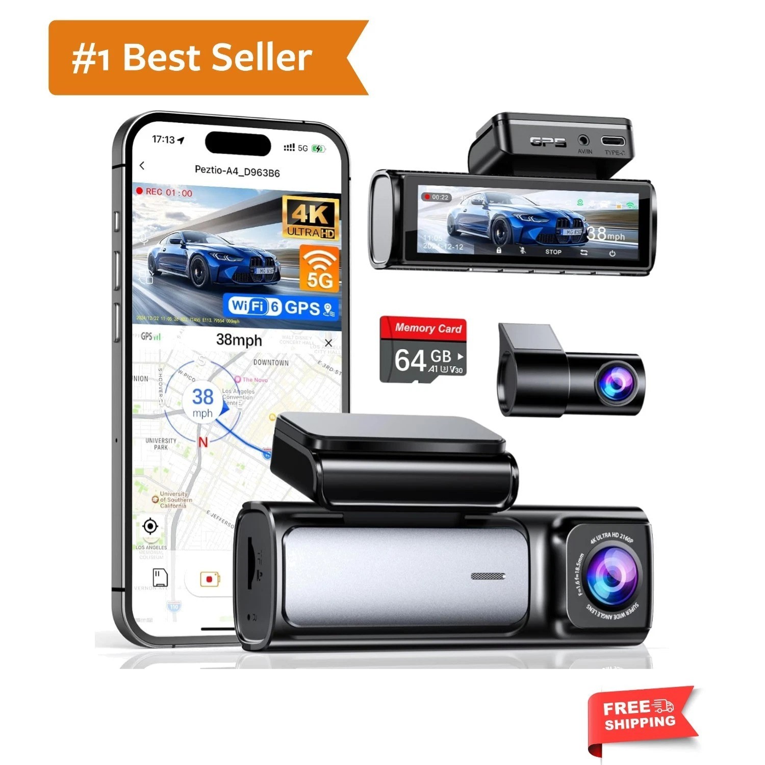 4K+2.5K Dash Cam Front and Rear, Built-in 5G WiFi 6 GPS, 64GB Card Included, …
