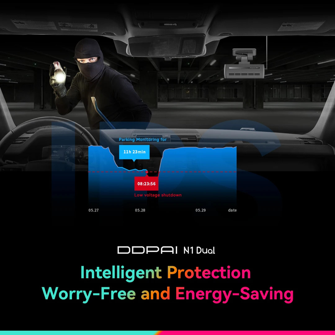 DDPAI N1 Dual Dash Cam Front & Rear 1296P NightVIS App Control Car DVR 24/7