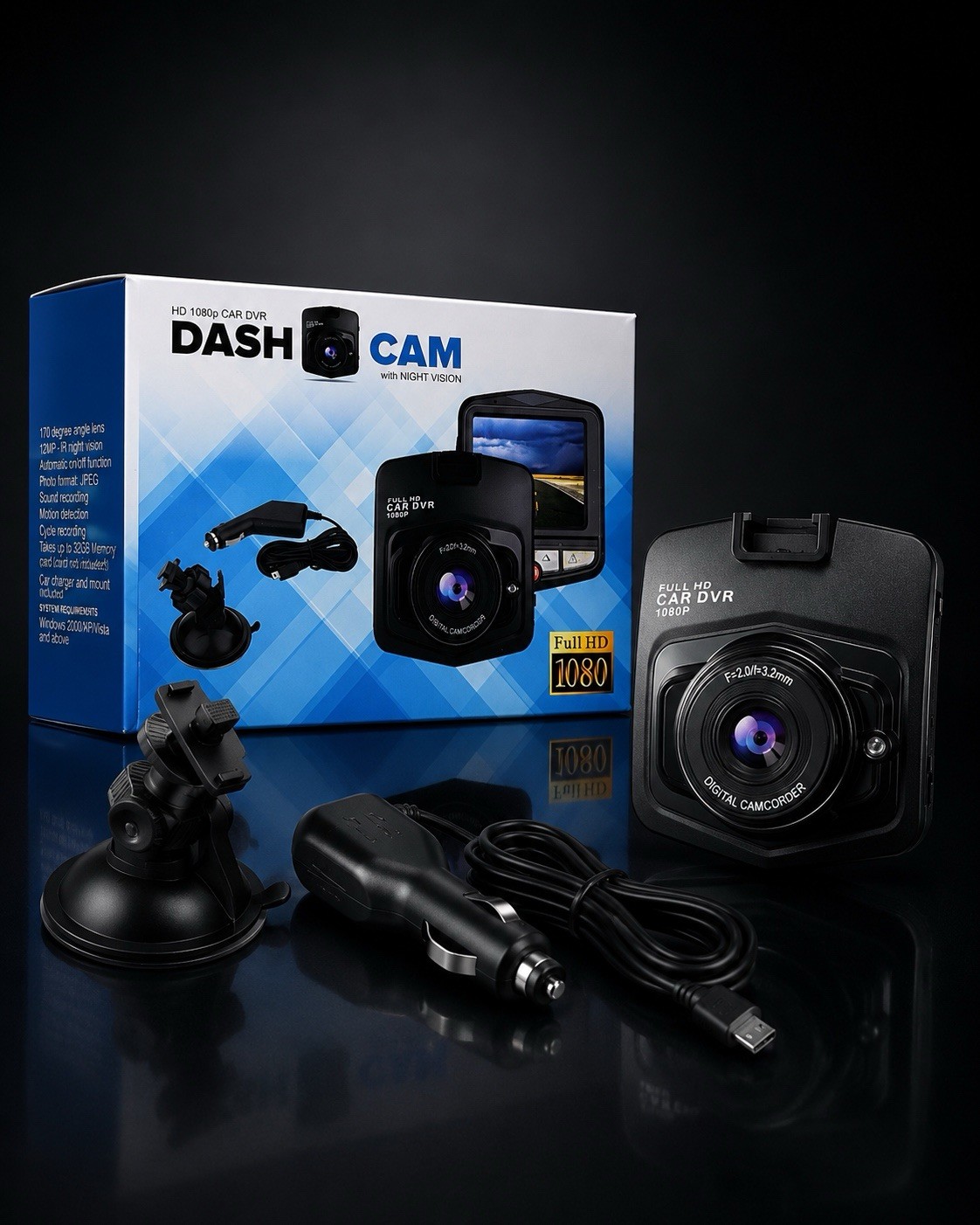 Dash Cam Car DVR 1080p Full HD Night Vision 170° Wide Angle 12MP Loop Recording