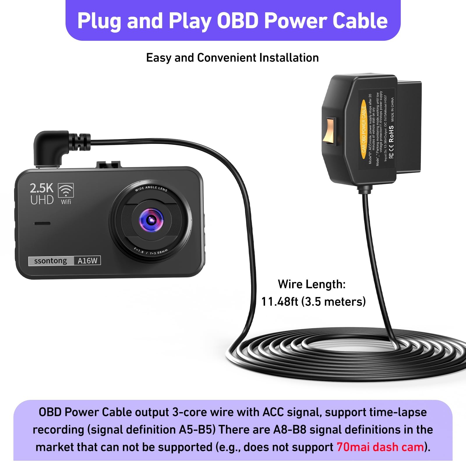 OBD2 OBD Power Cable for Dash Camera, OBD to Type-C USB OBDII Adapter Hardwir…