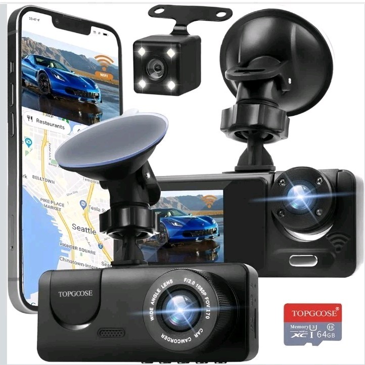 3 Channel Dash Cam WiFi FHD 1080P Car Camera 64GB TF Card, Front Dash.