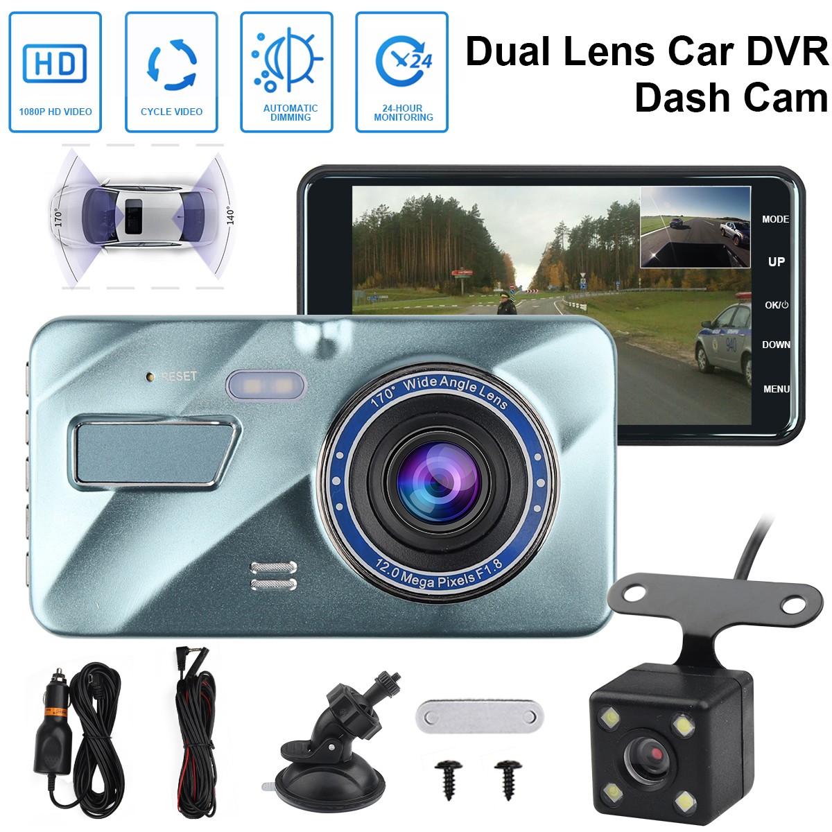 4″ 1080P Dual Lens Car Dash Cam Full HD Front Rear Camera Vehicle DVR Recorder