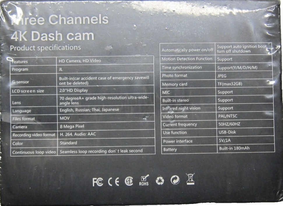 NEW 3 Channel 4K Car Dash Cam 4K+1080P+1440P Dash Cam Front, Rear and Inside NIB