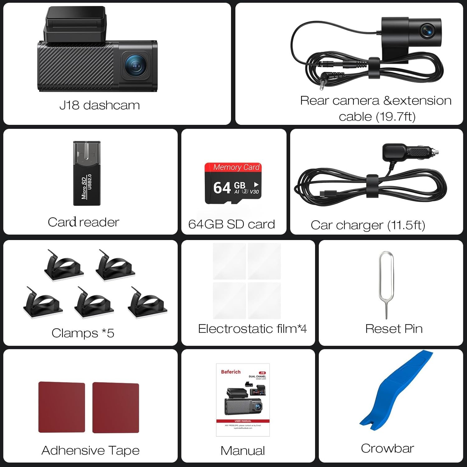 Beferich J18 4K 2.5K Dual Dash Cam GPS WiFi 64GB Card 256GB Max front rear night